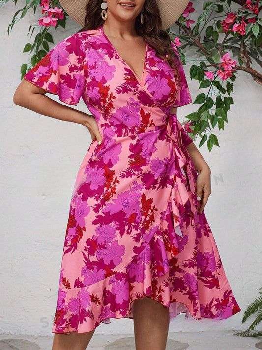 SHEIN - Robe portefeuille imprimée florale grande taille avec ceinture (1)